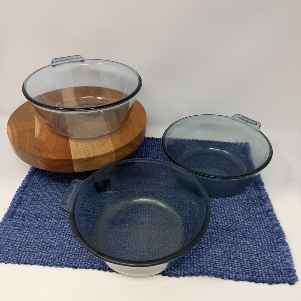 Vintage Lot Of 3 Pyrex Blue Flameware Skillets 7 In. 817-B Please Read Wear